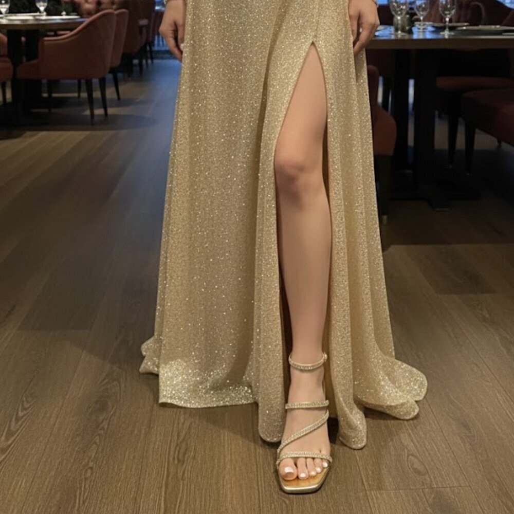 Gold Rhinestone Strappy Block Heel Sandals Square Toe Evening Party Heels